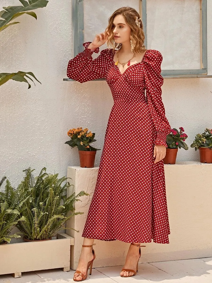 CM-DS319737 Women Elegant Seoul Style Shirred Cuff Lantern Sleeve Polka Dot Bustier Dress- Wine Red
