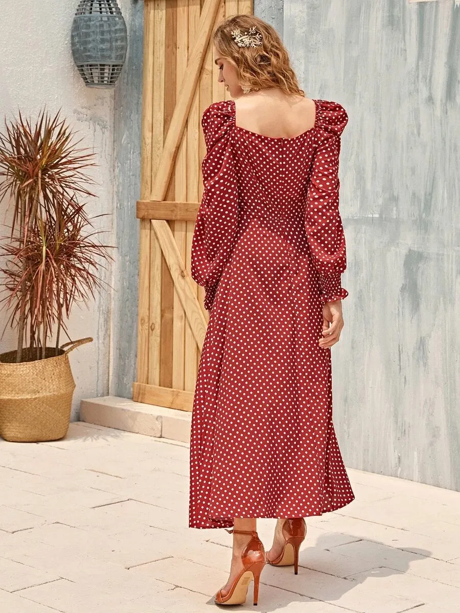 CM-DS319737 Women Elegant Seoul Style Shirred Cuff Lantern Sleeve Polka Dot Bustier Dress- Wine Red