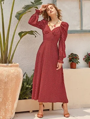 CM-DS319737 Women Elegant Seoul Style Shirred Cuff Lantern Sleeve Polka Dot Bustier Dress- Wine Red