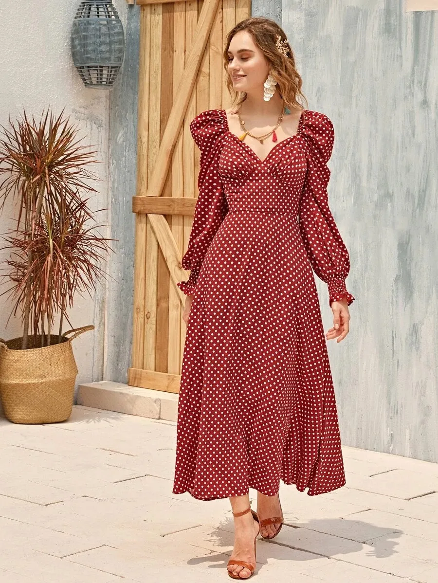CM-DS319737 Women Elegant Seoul Style Shirred Cuff Lantern Sleeve Polka Dot Bustier Dress- Wine Red