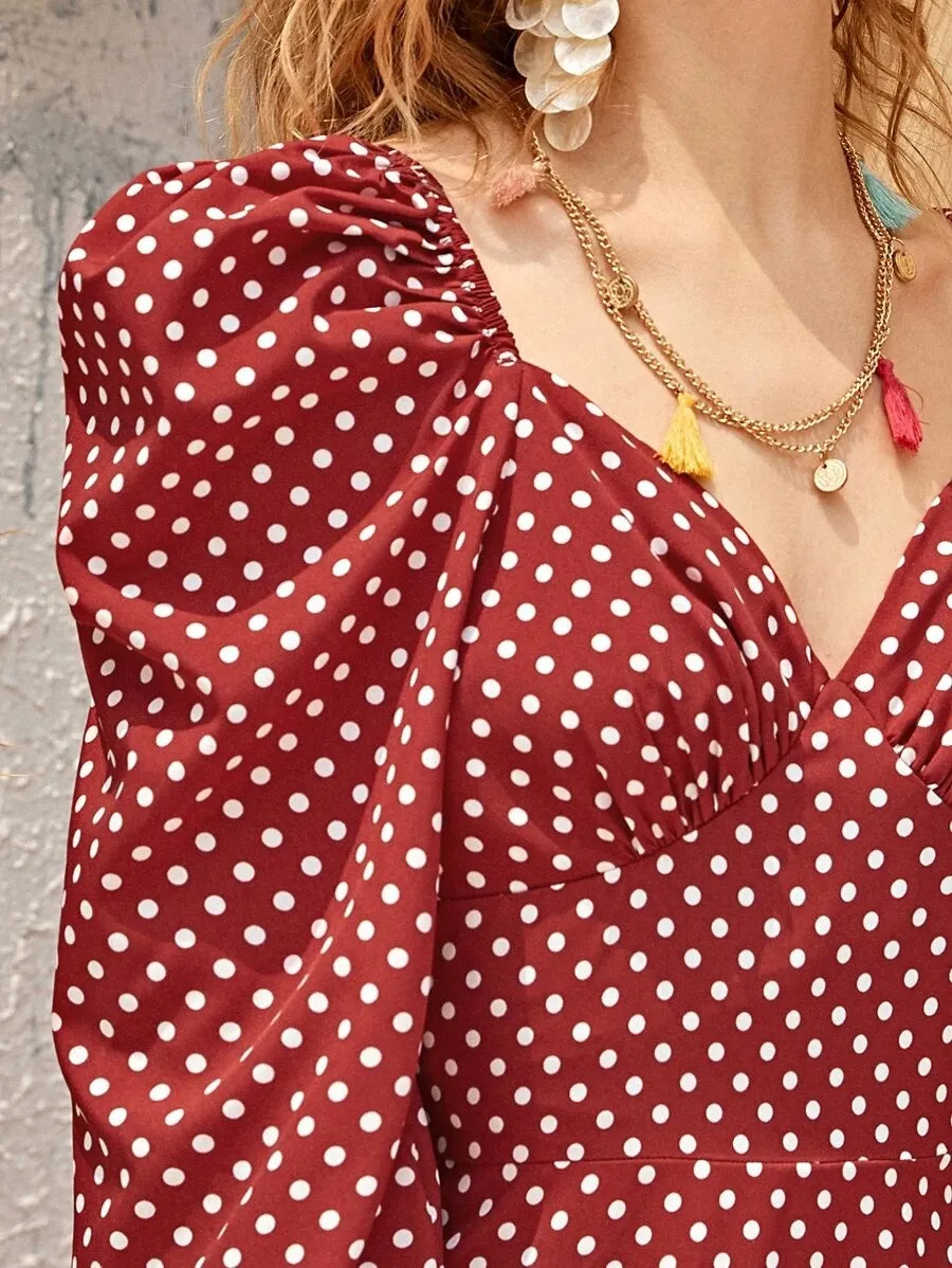CM-DS319737 Women Elegant Seoul Style Shirred Cuff Lantern Sleeve Polka Dot Bustier Dress- Wine Red