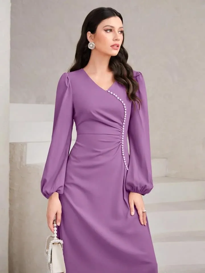 CM-DS369703 Women Elegant Seoul Style V-Neck Long Sleeve Waist-Cinched Dress - Purple