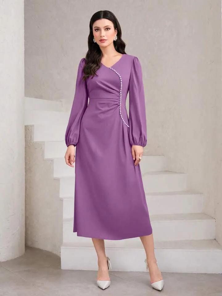 CM-DS369703 Women Elegant Seoul Style V-Neck Long Sleeve Waist-Cinched Dress - Purple
