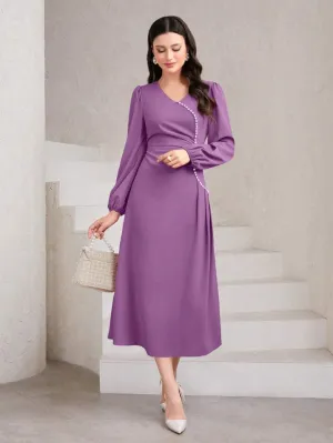 CM-DS369703 Women Elegant Seoul Style V-Neck Long Sleeve Waist-Cinched Dress - Purple