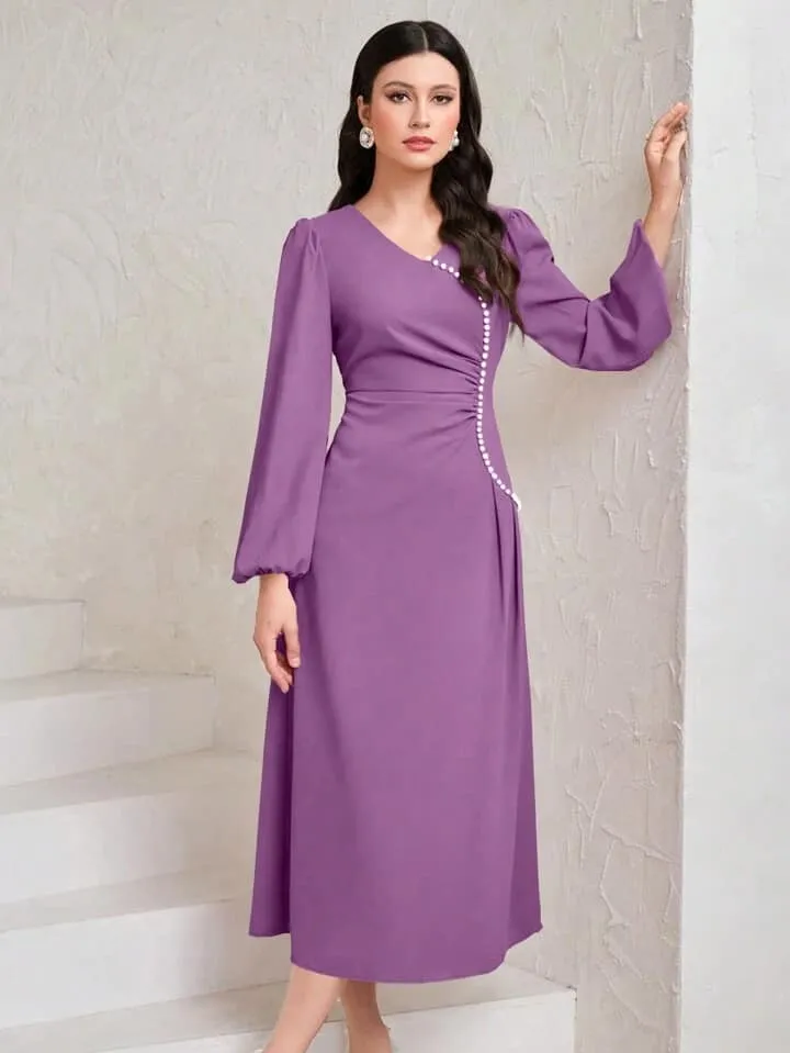 CM-DS369703 Women Elegant Seoul Style V-Neck Long Sleeve Waist-Cinched Dress - Purple