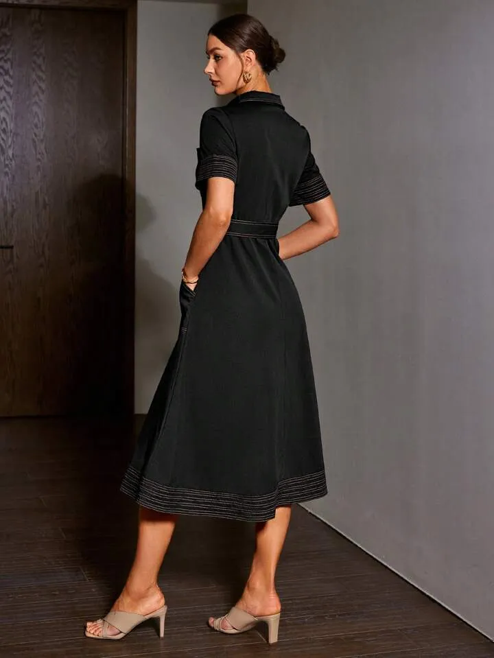 CM-DS497701 Women Casual Seoul Style Collar Neckline Short Sleeve Denim Dress - Black