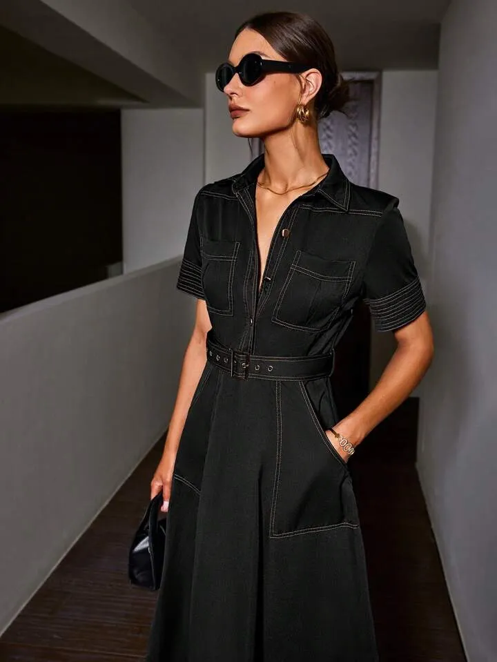 CM-DS497701 Women Casual Seoul Style Collar Neckline Short Sleeve Denim Dress - Black