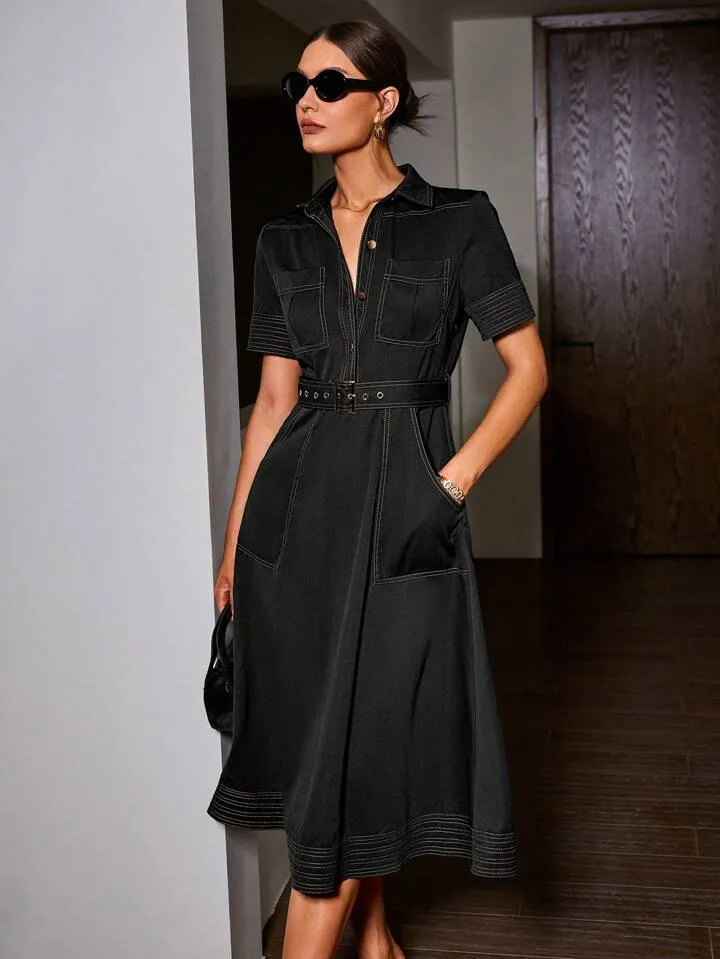 CM-DS497701 Women Casual Seoul Style Collar Neckline Short Sleeve Denim Dress - Black
