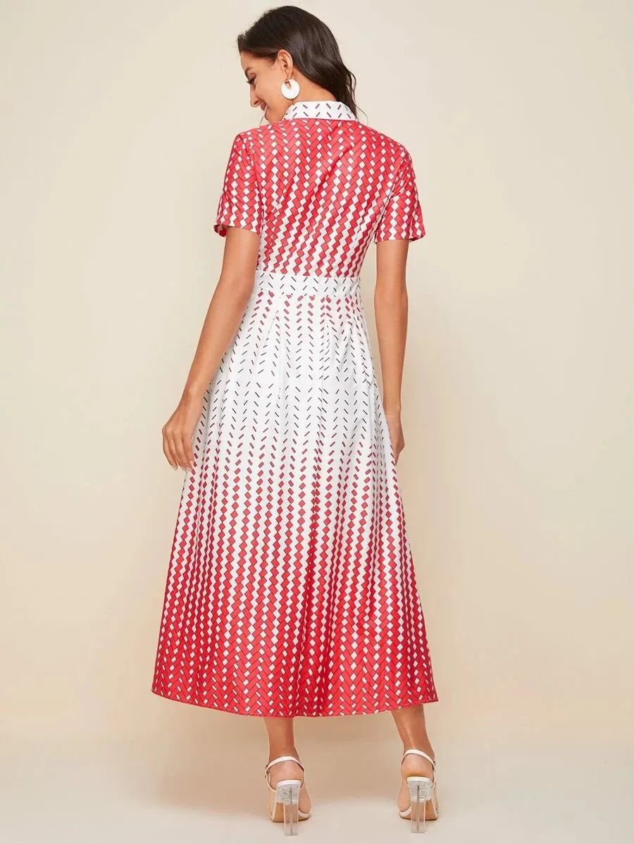 CM-DS518096 Women Elegant Seoul Style Geometric Print Longline Short Sleeve Shirt Dress