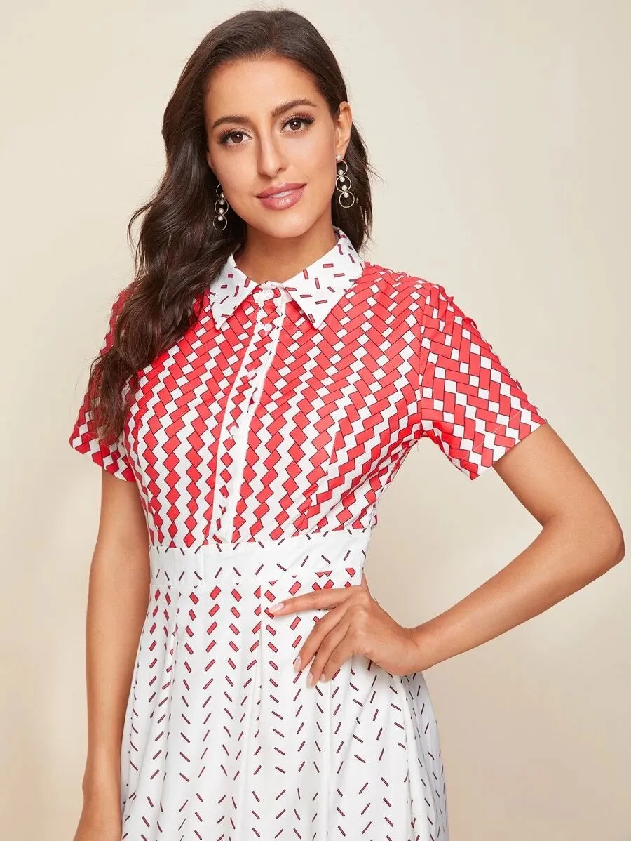 CM-DS518096 Women Elegant Seoul Style Geometric Print Longline Short Sleeve Shirt Dress