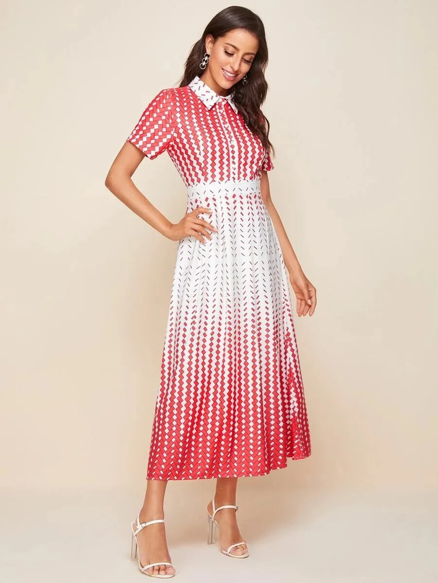 CM-DS518096 Women Elegant Seoul Style Geometric Print Longline Short Sleeve Shirt Dress