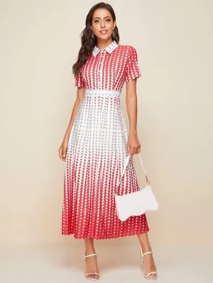 CM-DS518096 Women Elegant Seoul Style Geometric Print Longline Short Sleeve Shirt Dress