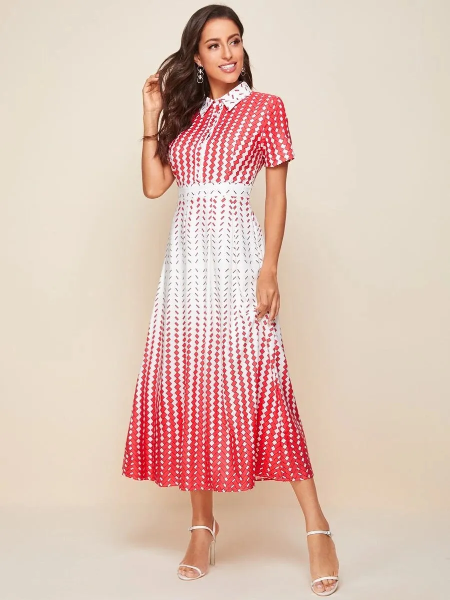CM-DS518096 Women Elegant Seoul Style Geometric Print Longline Short Sleeve Shirt Dress