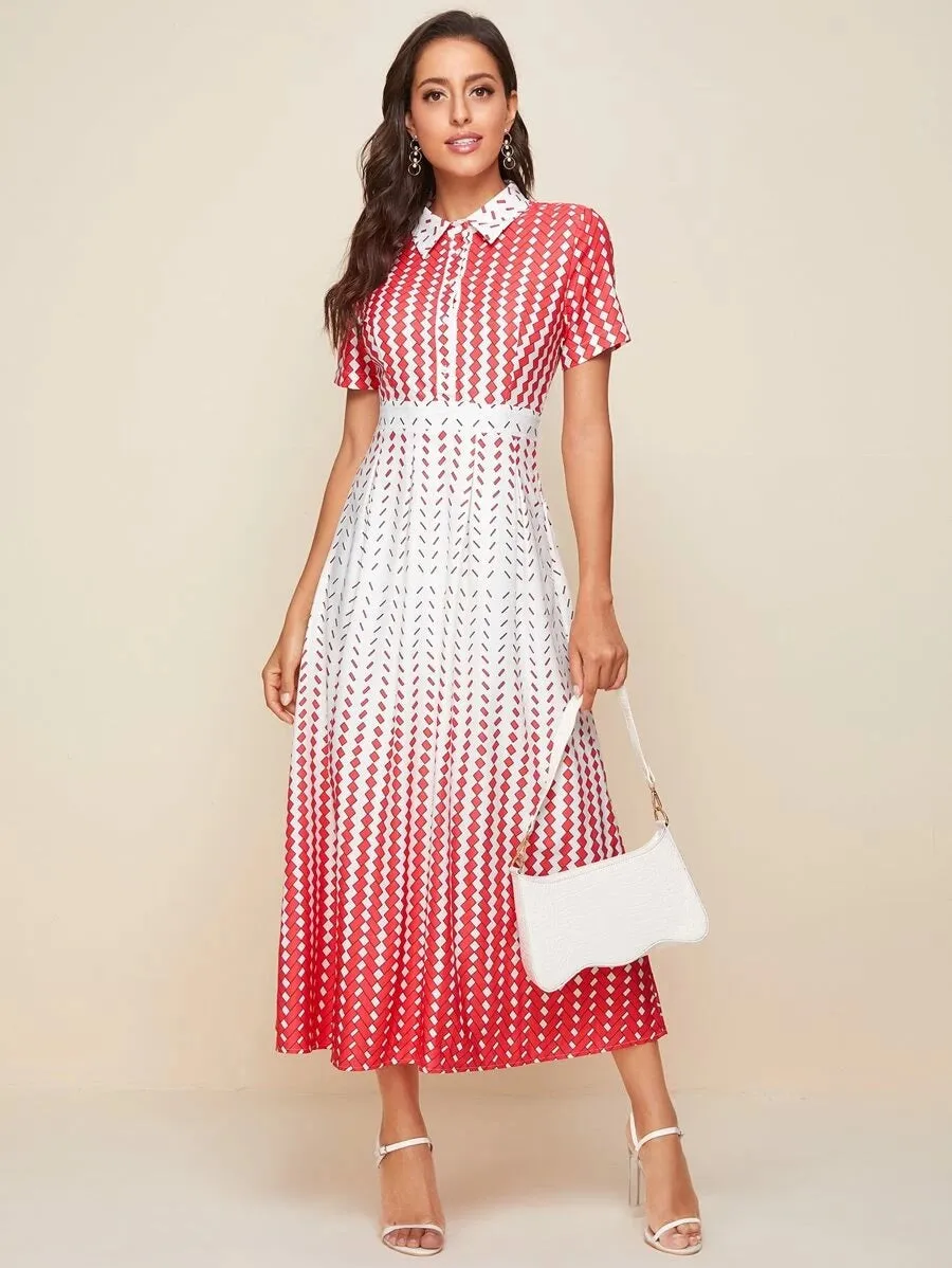 CM-DS518096 Women Elegant Seoul Style Geometric Print Longline Short Sleeve Shirt Dress