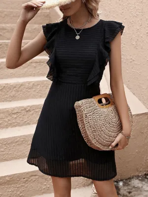 CM-DS541757 Women Casual Seoul Style Round Neck Solid Ruffle Trim Dress - Black