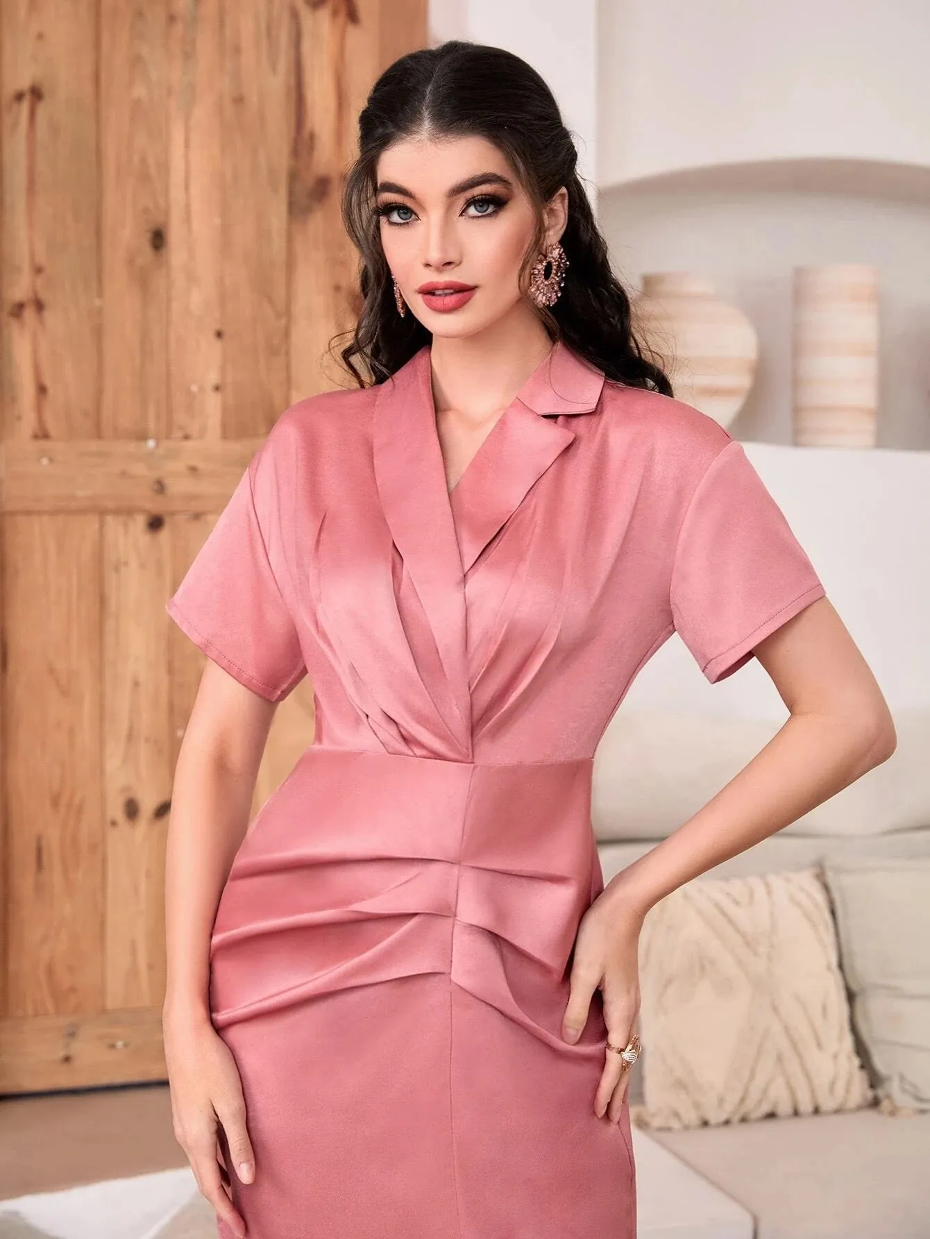 CM-DS577222 Women Elegant Seoul Style Short Sleeve Ruched Front Shirt Dress - Pink
