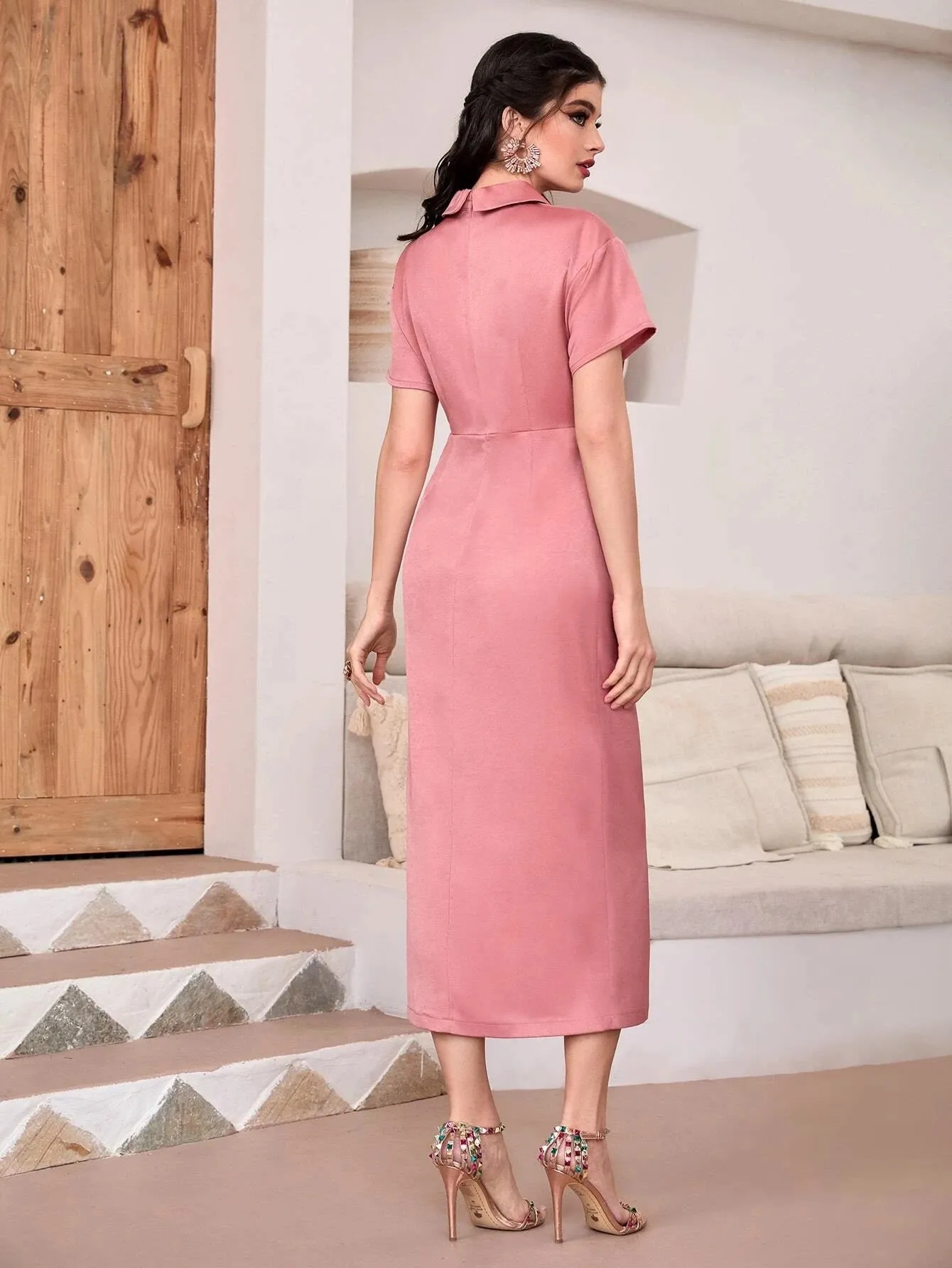 CM-DS577222 Women Elegant Seoul Style Short Sleeve Ruched Front Shirt Dress - Pink
