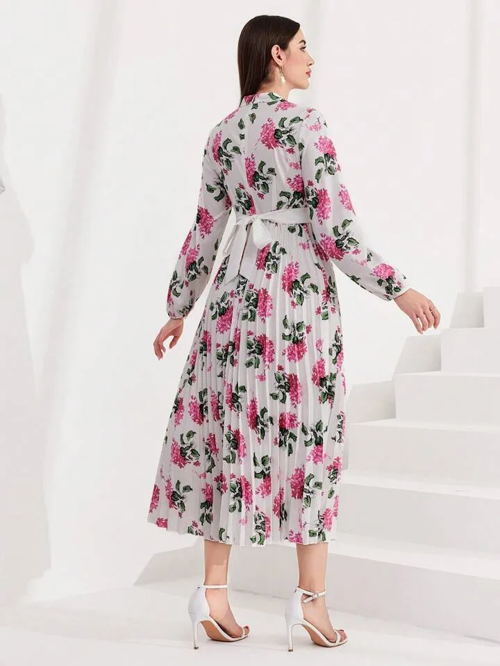 CM-DS657438 Women Elegant Seoul Style Floral Print Hollow Out Neckline A-Line Dress