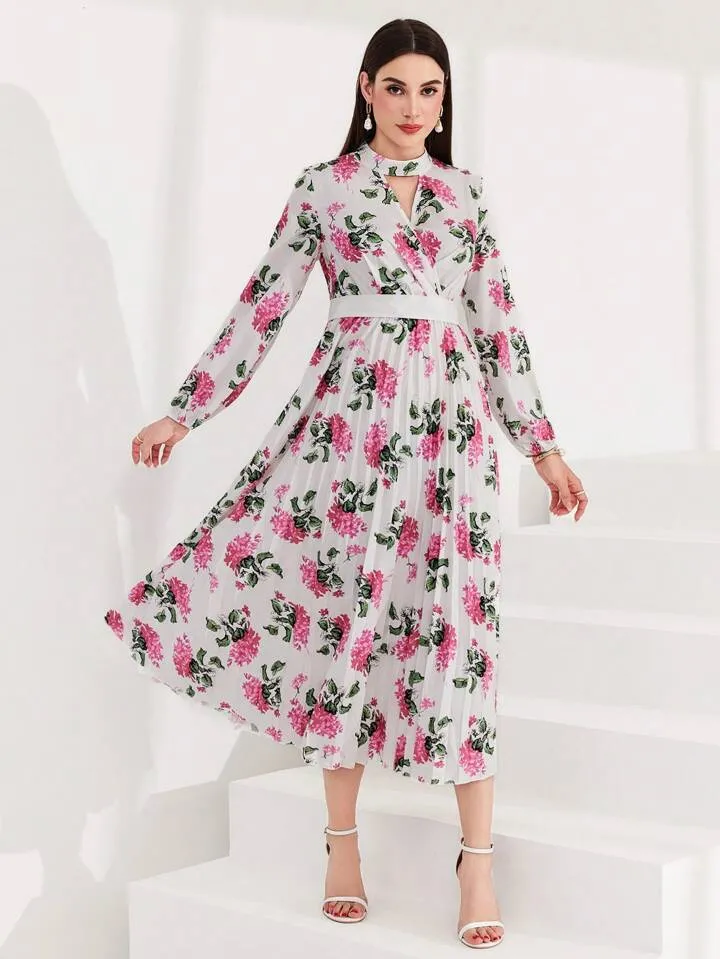 CM-DS657438 Women Elegant Seoul Style Floral Print Hollow Out Neckline A-Line Dress