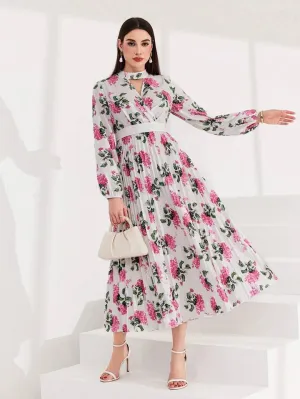 CM-DS657438 Women Elegant Seoul Style Floral Print Hollow Out Neckline A-Line Dress