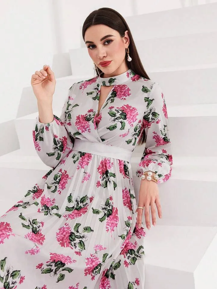 CM-DS657438 Women Elegant Seoul Style Floral Print Hollow Out Neckline A-Line Dress