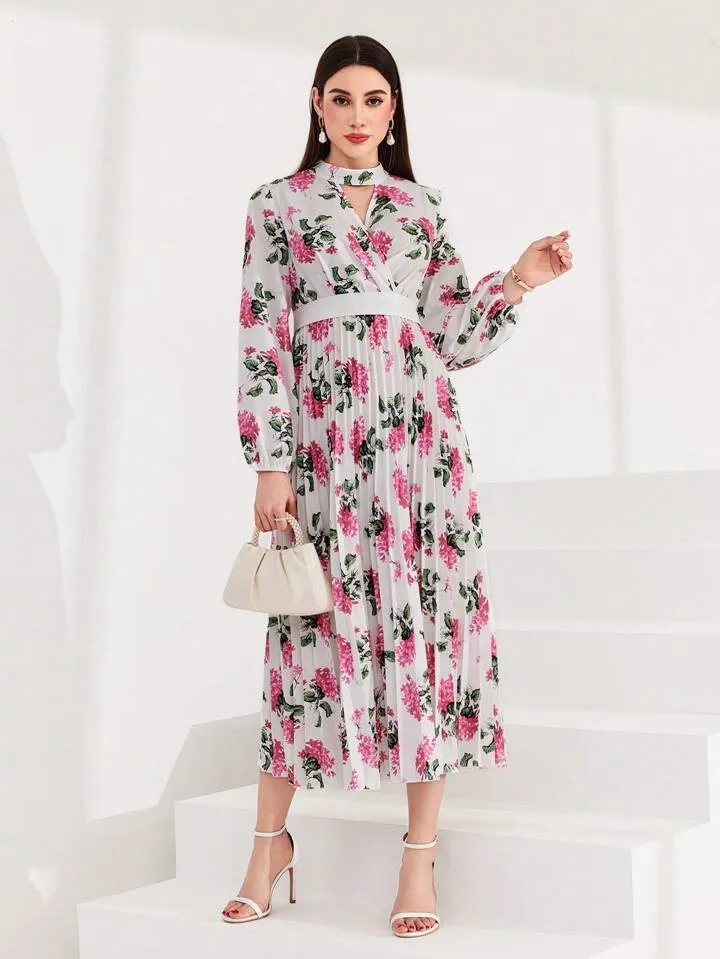 CM-DS657438 Women Elegant Seoul Style Floral Print Hollow Out Neckline A-Line Dress