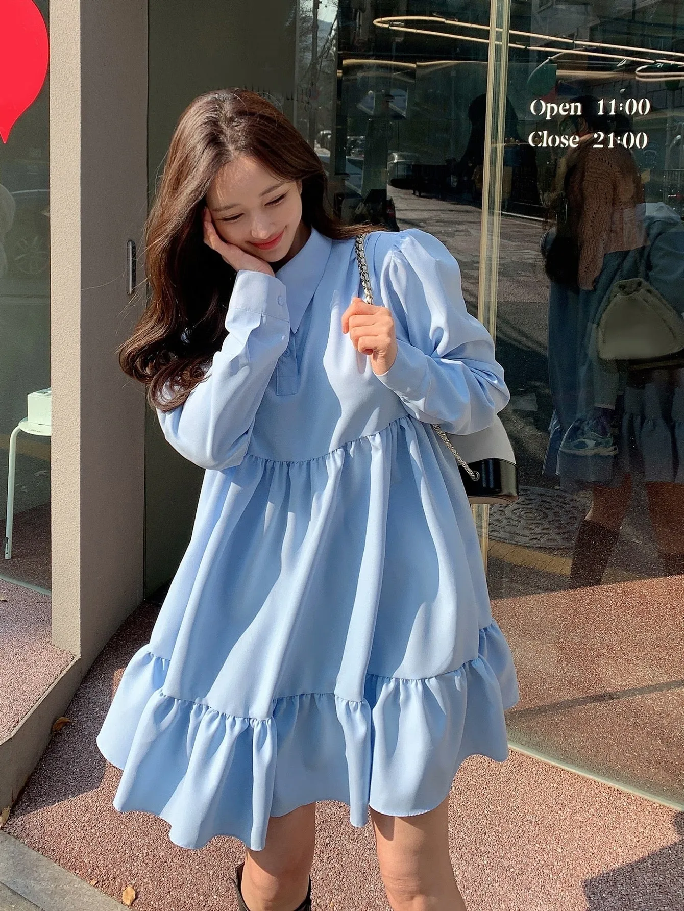 CM-DS688660 Women Casual Seoul Style Solid Polo Neck Ruffle Hem Smock Dress - Blue