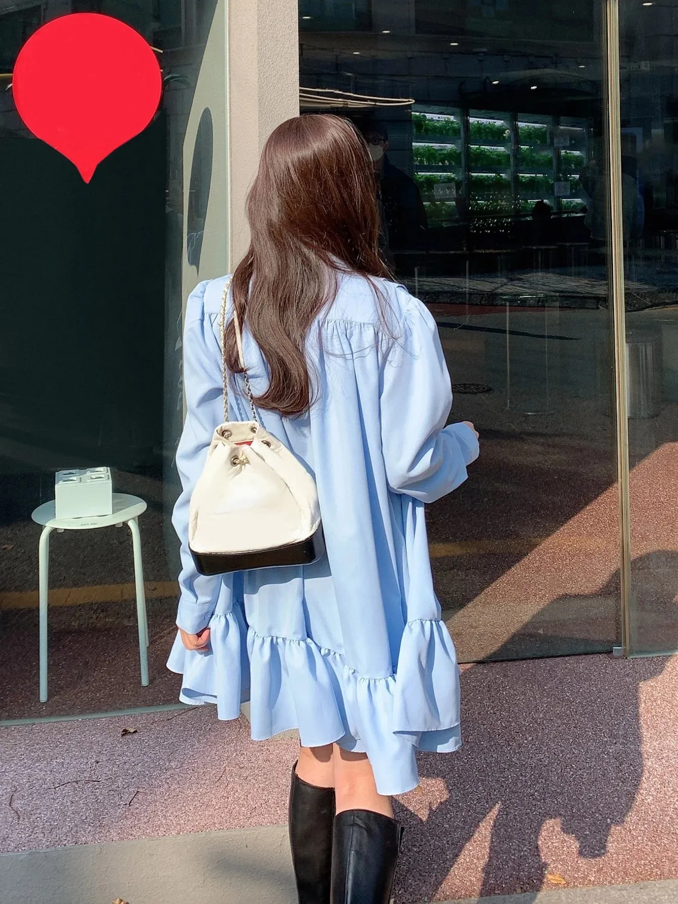 CM-DS688660 Women Casual Seoul Style Solid Polo Neck Ruffle Hem Smock Dress - Blue