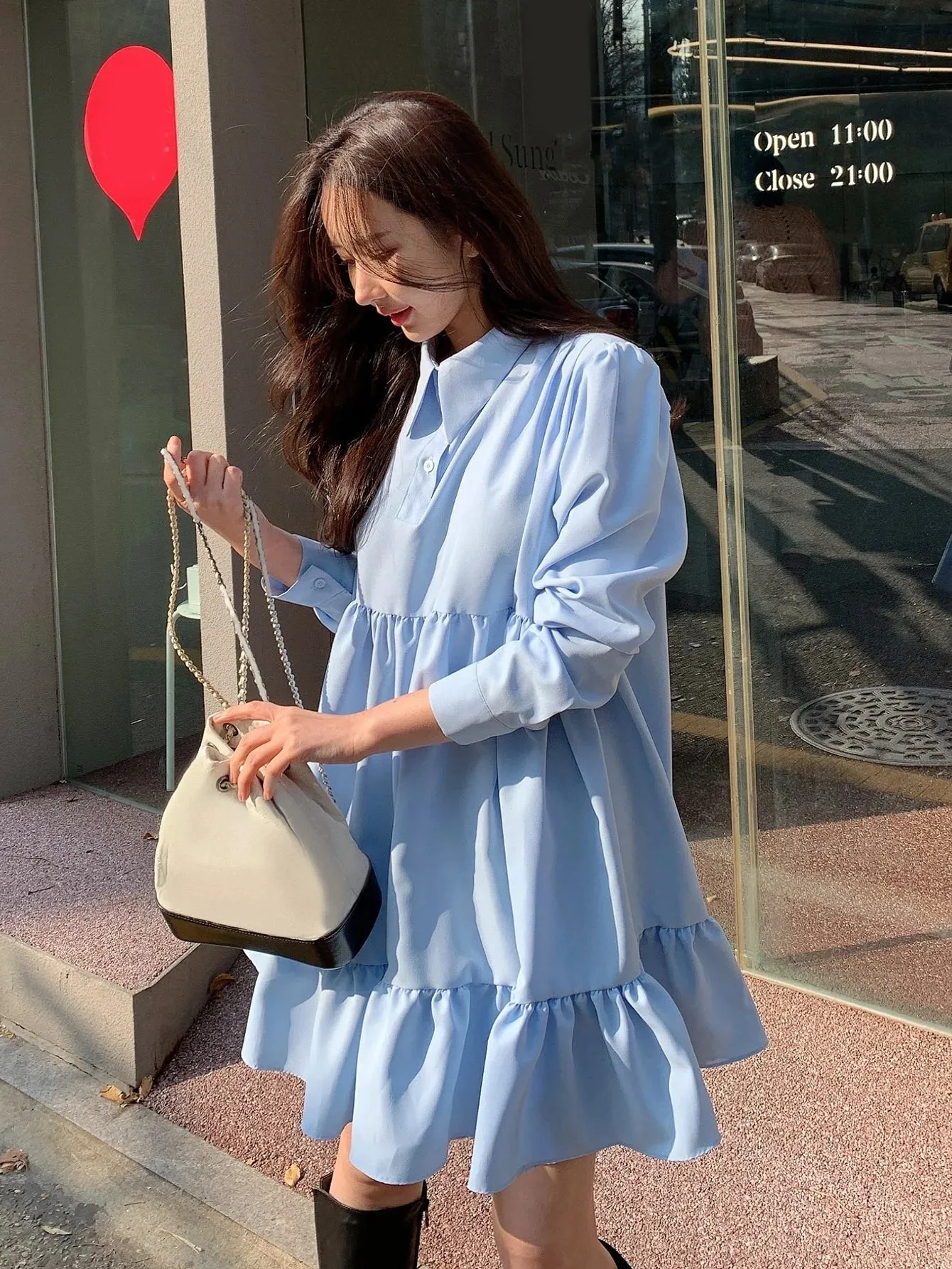 CM-DS688660 Women Casual Seoul Style Solid Polo Neck Ruffle Hem Smock Dress - Blue