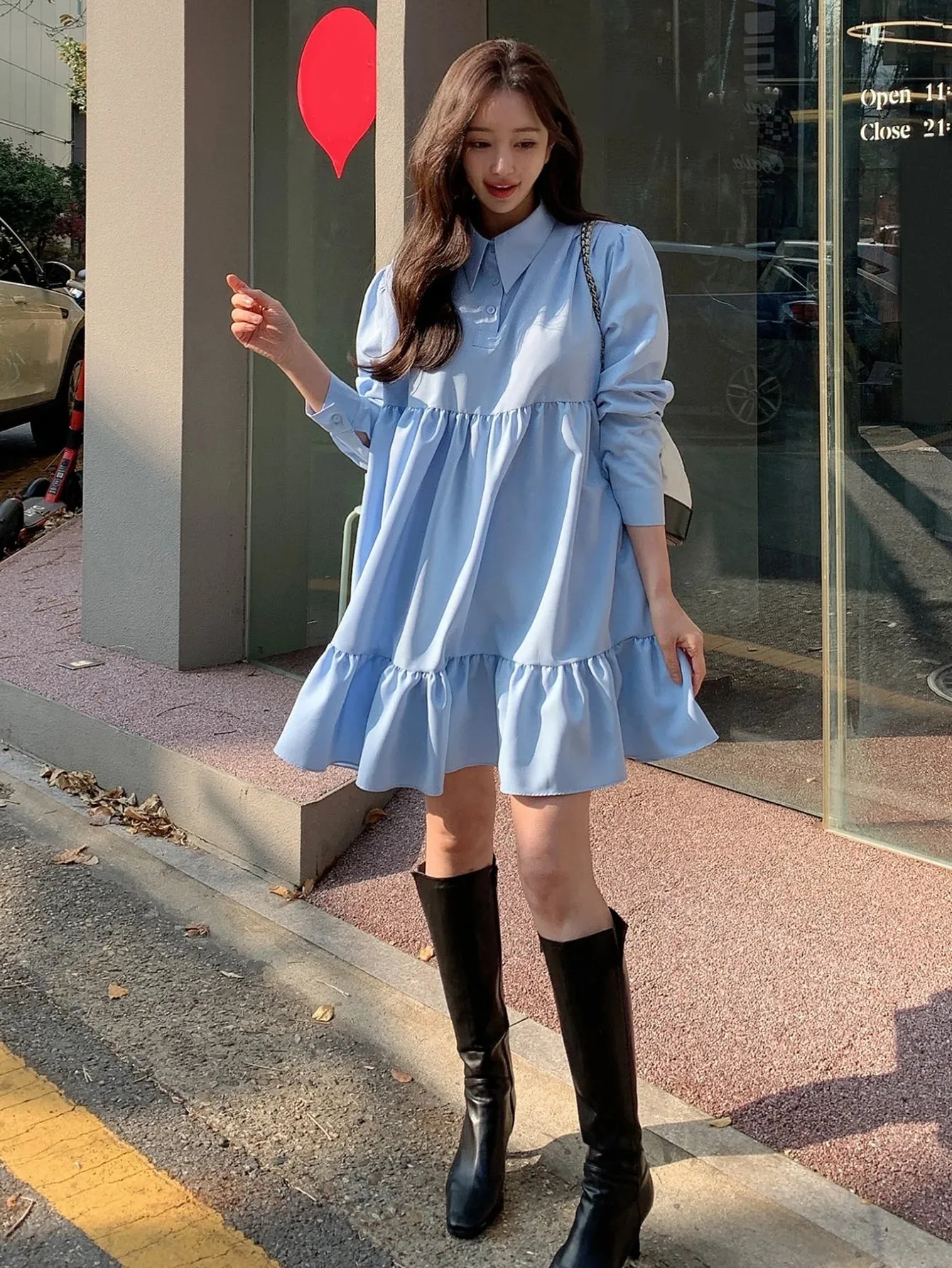 CM-DS688660 Women Casual Seoul Style Solid Polo Neck Ruffle Hem Smock Dress - Blue