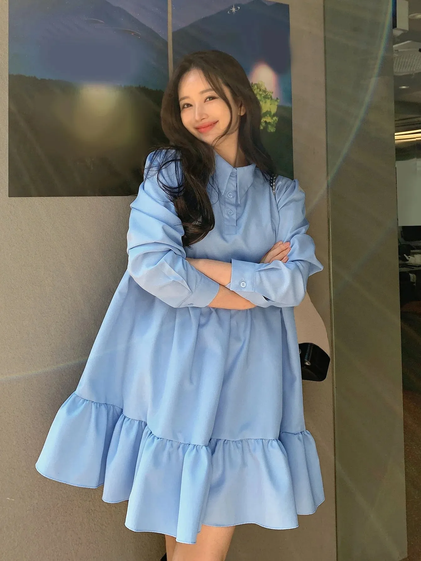 CM-DS688660 Women Casual Seoul Style Solid Polo Neck Ruffle Hem Smock Dress - Blue