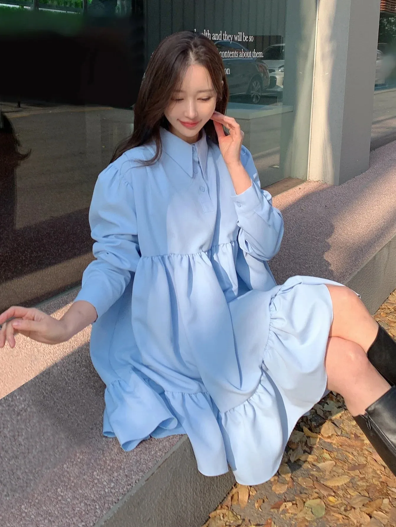 CM-DS688660 Women Casual Seoul Style Solid Polo Neck Ruffle Hem Smock Dress - Blue