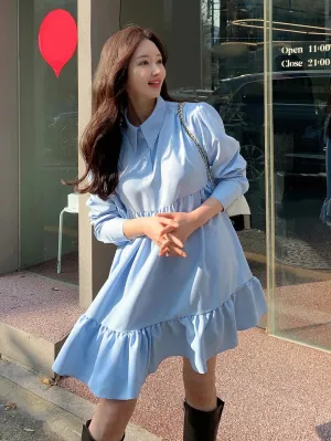 CM-DS688660 Women Casual Seoul Style Solid Polo Neck Ruffle Hem Smock Dress - Blue