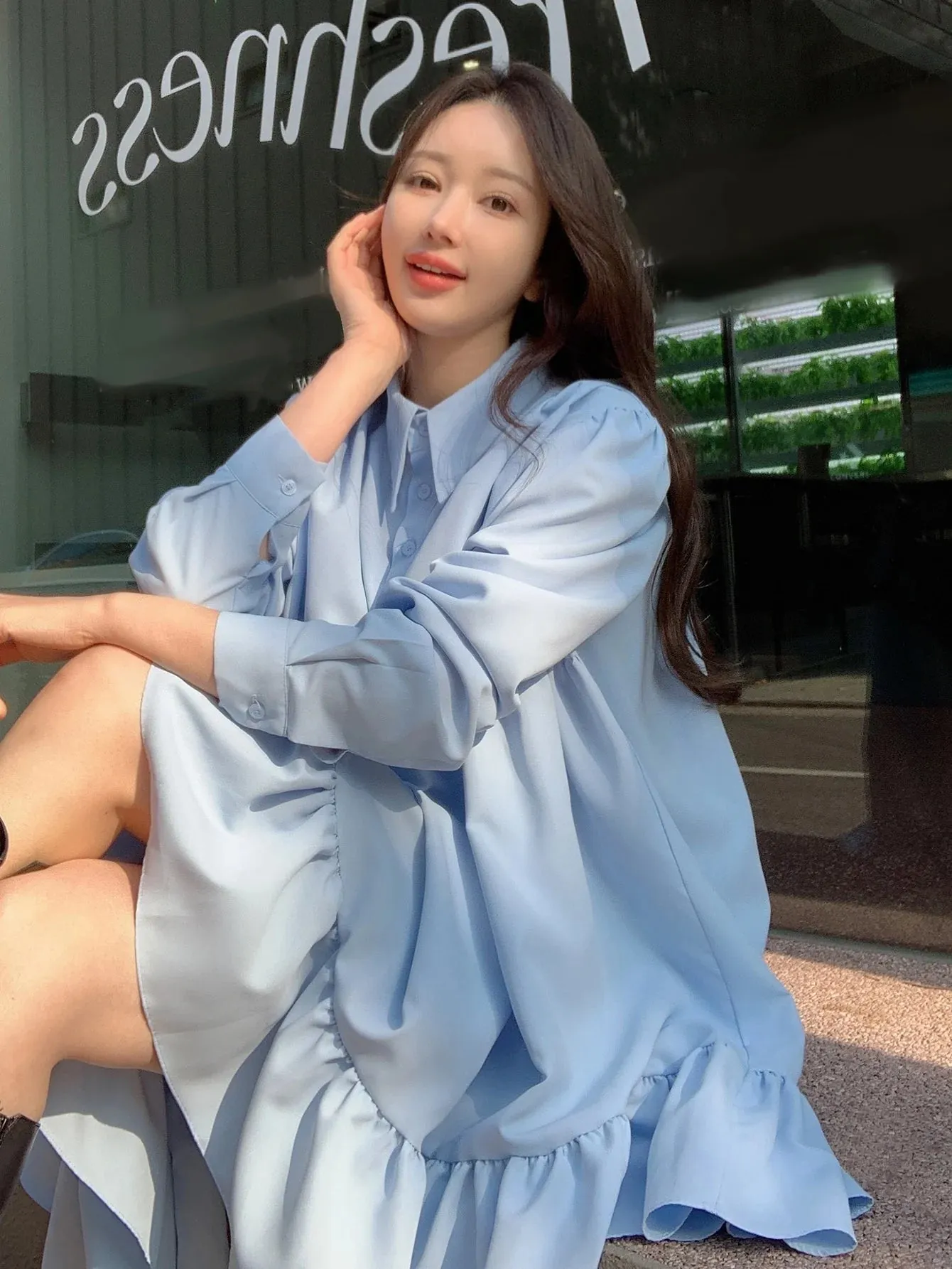 CM-DS688660 Women Casual Seoul Style Solid Polo Neck Ruffle Hem Smock Dress - Blue