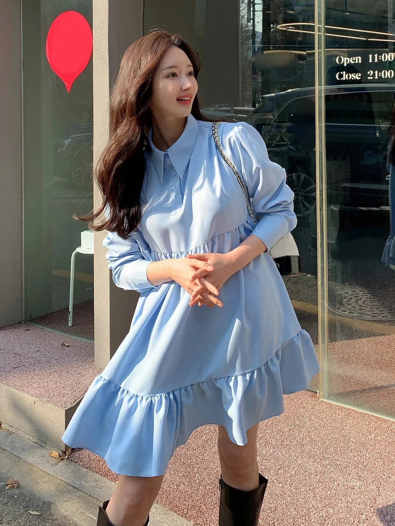 CM-DS688660 Women Casual Seoul Style Solid Polo Neck Ruffle Hem Smock Dress - Blue