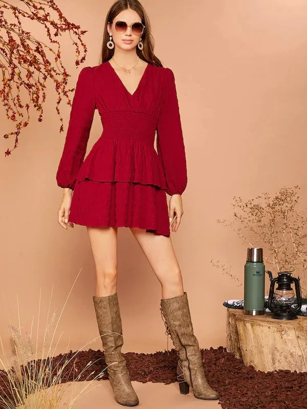 CM-DS807259 Women Trendy Seoul Style Lantern Sleeve Shirred Waist Layered Hem Dress - Wine Red