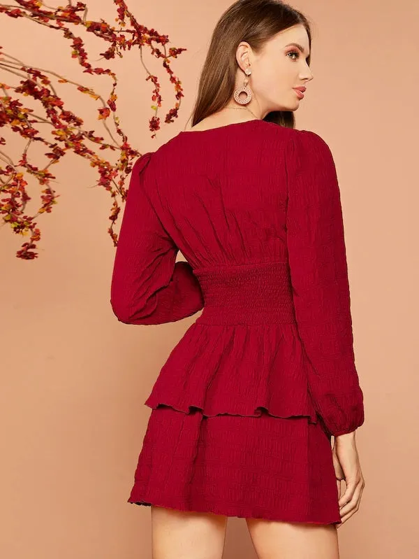 CM-DS807259 Women Trendy Seoul Style Lantern Sleeve Shirred Waist Layered Hem Dress - Wine Red