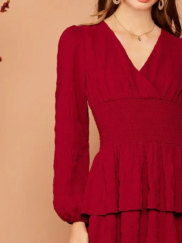 CM-DS807259 Women Trendy Seoul Style Lantern Sleeve Shirred Waist Layered Hem Dress - Wine Red