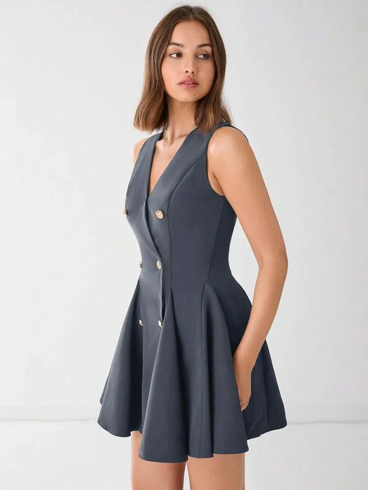 CM-DS811773 Women Elegant Seoul Style V-Neck Front Button Sleeveless A-Line Mini Dress - Dark Gray