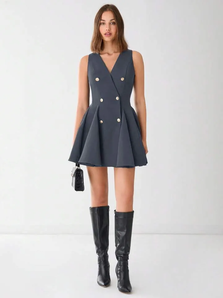 CM-DS811773 Women Elegant Seoul Style V-Neck Front Button Sleeveless A-Line Mini Dress - Dark Gray