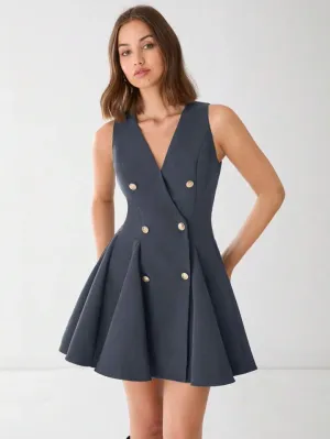 CM-DS811773 Women Elegant Seoul Style V-Neck Front Button Sleeveless A-Line Mini Dress - Dark Gray