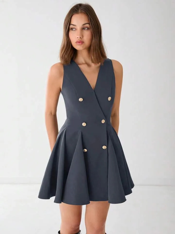 CM-DS811773 Women Elegant Seoul Style V-Neck Front Button Sleeveless A-Line Mini Dress - Dark Gray