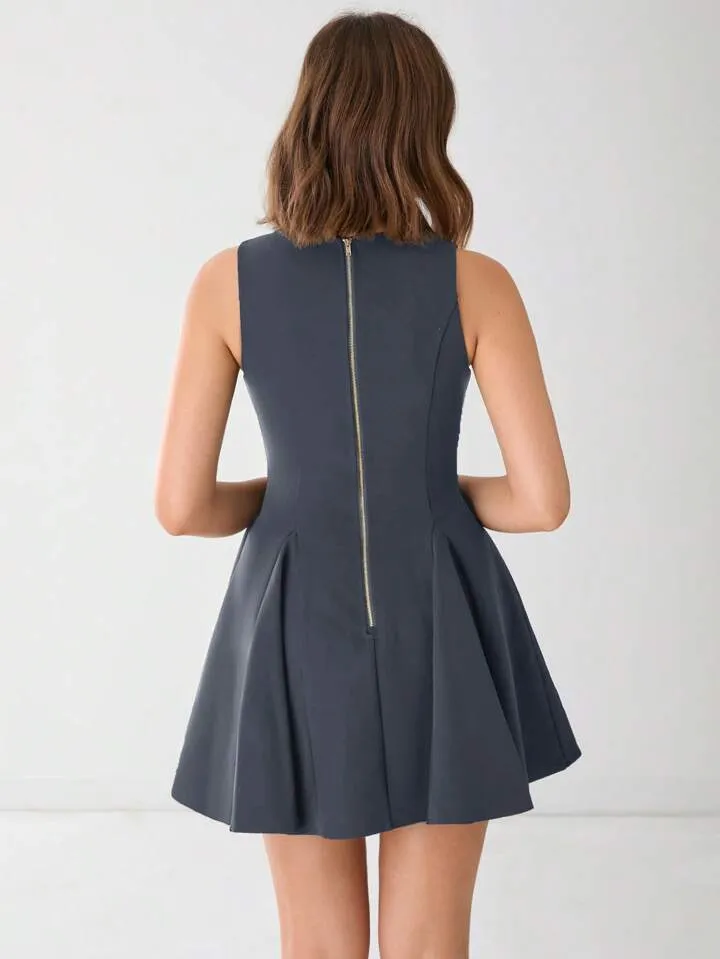 CM-DS811773 Women Elegant Seoul Style V-Neck Front Button Sleeveless A-Line Mini Dress - Dark Gray
