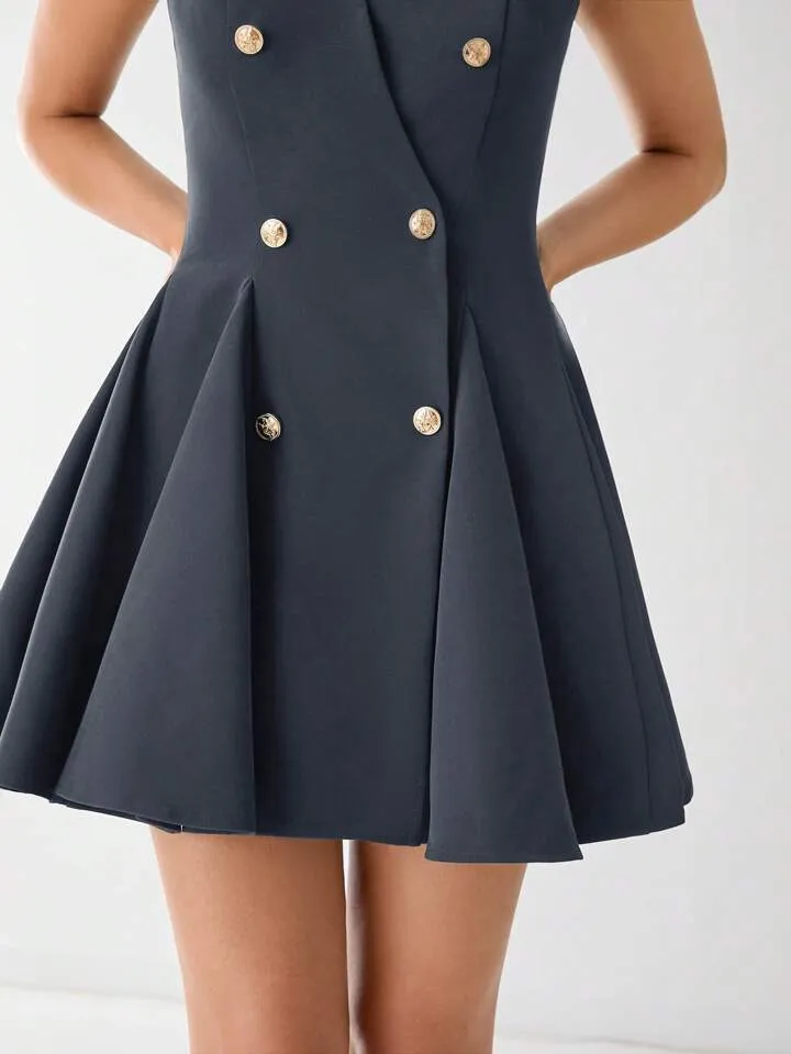 CM-DS811773 Women Elegant Seoul Style V-Neck Front Button Sleeveless A-Line Mini Dress - Dark Gray
