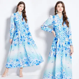 CM-DY011504 Women Elegant European Style V-Neck Long Sleeve High Waist Maxi Dress