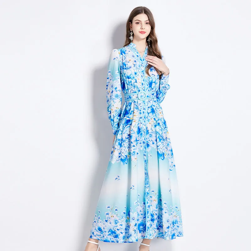 CM-DY011504 Women Elegant European Style V-Neck Long Sleeve High Waist Maxi Dress