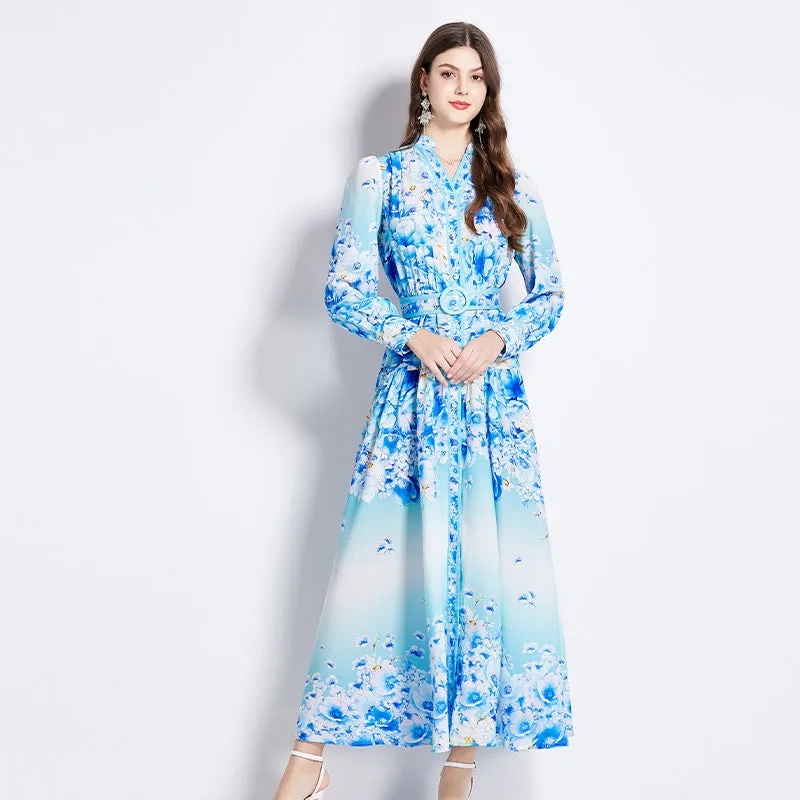 CM-DY011504 Women Elegant European Style V-Neck Long Sleeve High Waist Maxi Dress