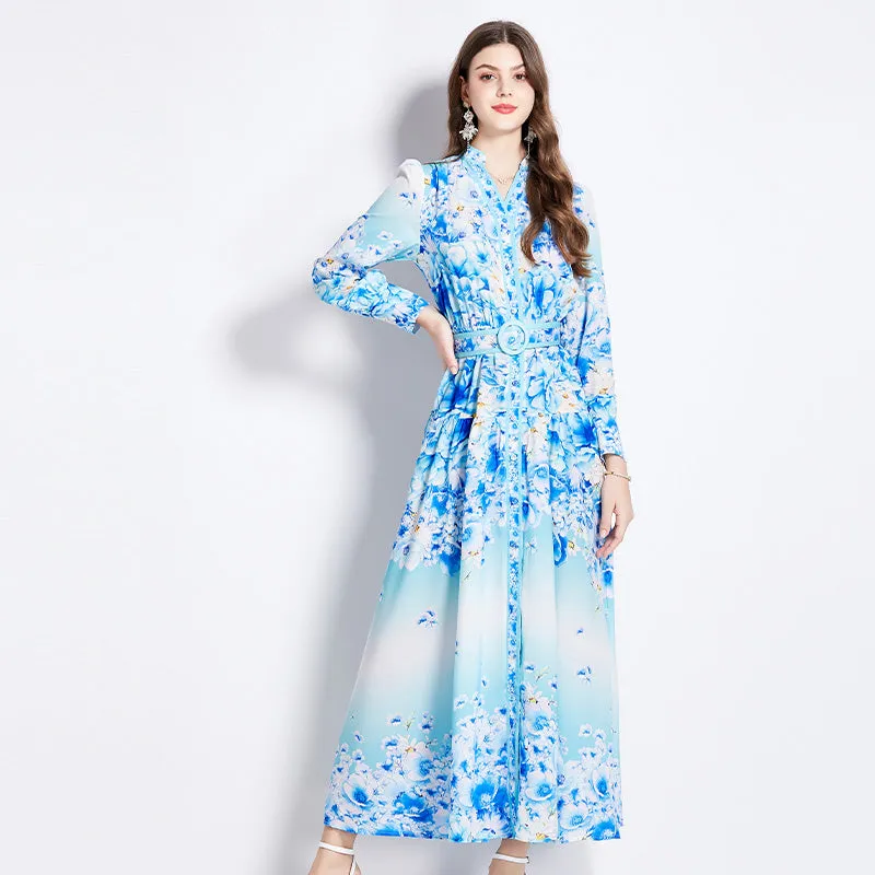 CM-DY011504 Women Elegant European Style V-Neck Long Sleeve High Waist Maxi Dress