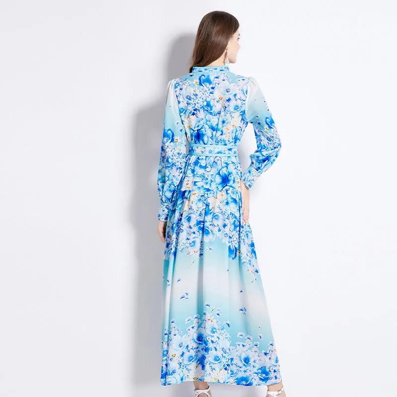 CM-DY011504 Women Elegant European Style V-Neck Long Sleeve High Waist Maxi Dress
