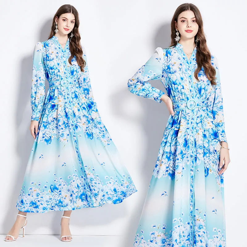 CM-DY011504 Women Elegant European Style V-Neck Long Sleeve High Waist Maxi Dress